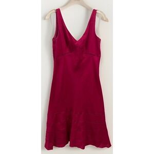 Ann Taylor 100% Linen Fuchsia V Neck Sheath Dress Women's Size 8 Side Zip Lined
